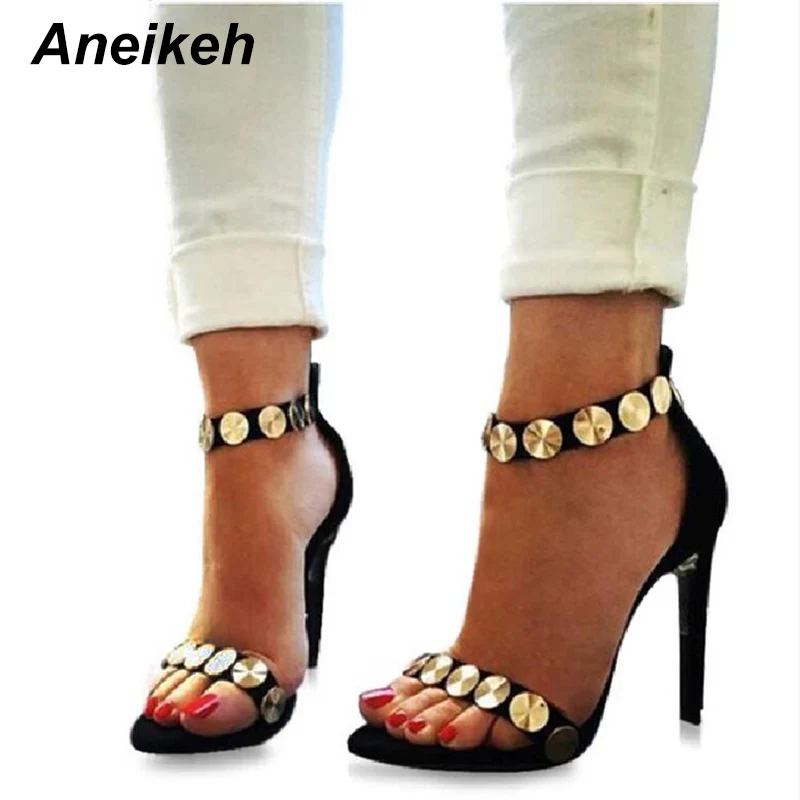 

Aneikeh 2018 Summer Golden Rivet Women Sandals Sexy Women Thin Heels Heel Party Pumps Sandals Shoes Black Size 35-40