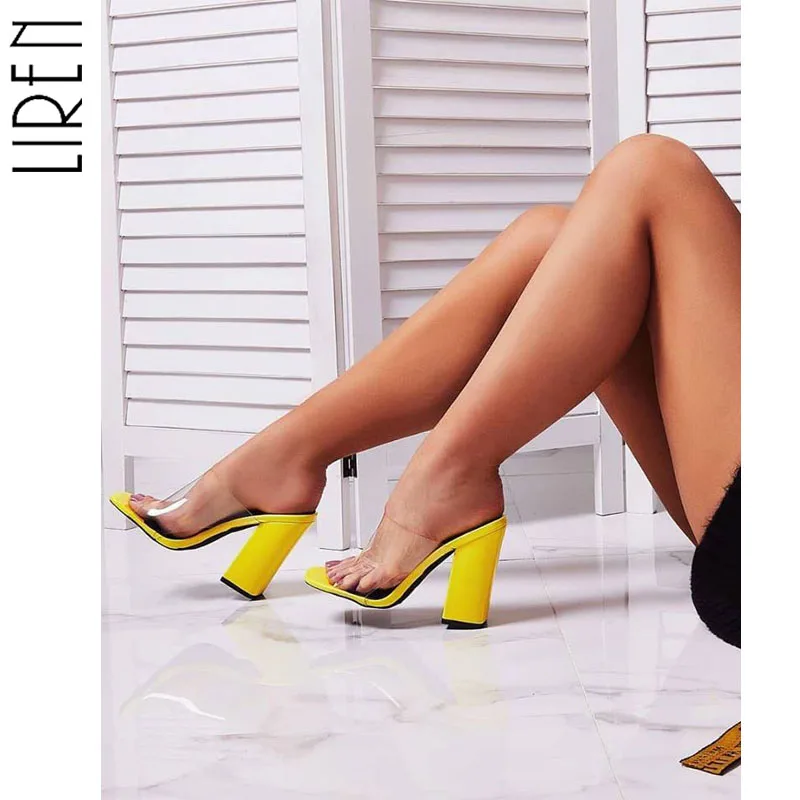 

Liren Fashion Women Sandals PVC Snake Print Shoes Sexy Transparent Peep Open Toe High Heels Square Heel Size 35-40
