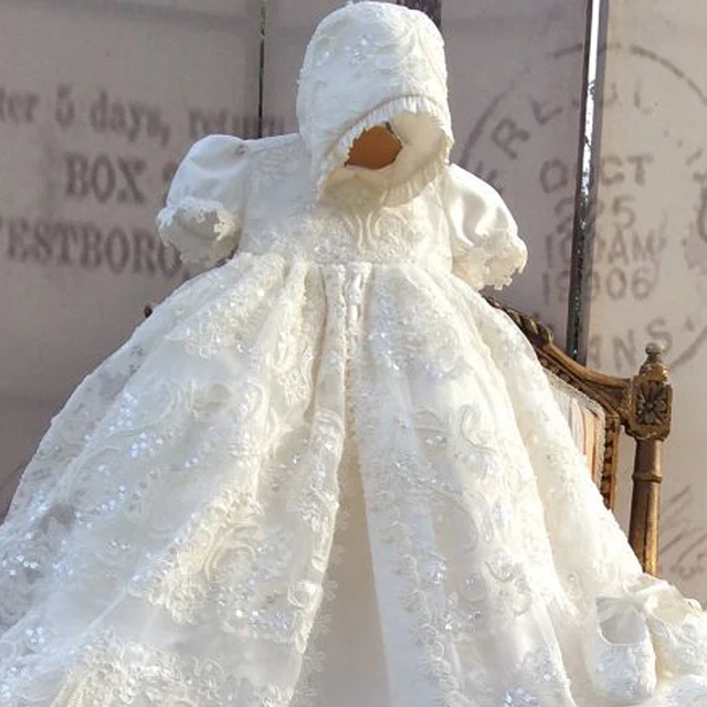 Cheap Gorgeous Baptism Ivory Baby Clothing Dress Long Lace First Communion Infant Girls Christening Gowns 0-24 Month With Bonnet
