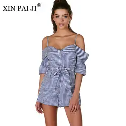 Xin Pai Ji 2017 мода Playsuit женская повседневная с открытыми плечами Striped Button Playsuit опрятный спинки Симпатичные Ремни Летний комбинезон