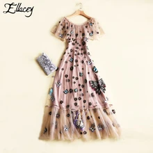 New 2017 Tropical Mesh Cute Summer Dress Butterfly Embroidery Floral Long Dresses Women Embroidery Ruffles Party Maxi Dress