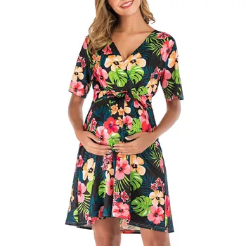 

Summer New Fashion Womens Pregnant Deep V-Neck Floral Print Sash Maternity Dress Wholesale Free Ship Z4