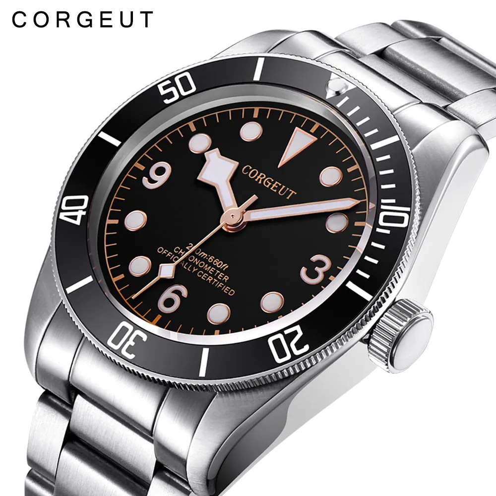Corgeut Роскошные брендовые механические часы Schwarz Bay Мужские автоматические военные спортивные часы для плавания кожаные механические наручные часы