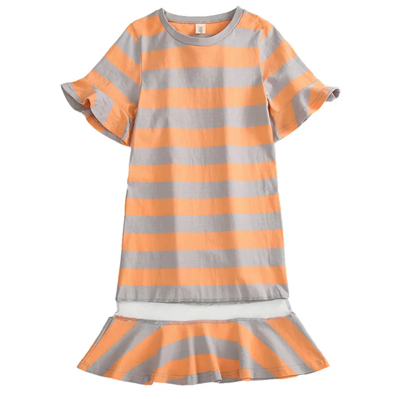 

4 to 16 years kids & teenager girls summer striped cotton casual flare long dress children fashion tee dresses clothing