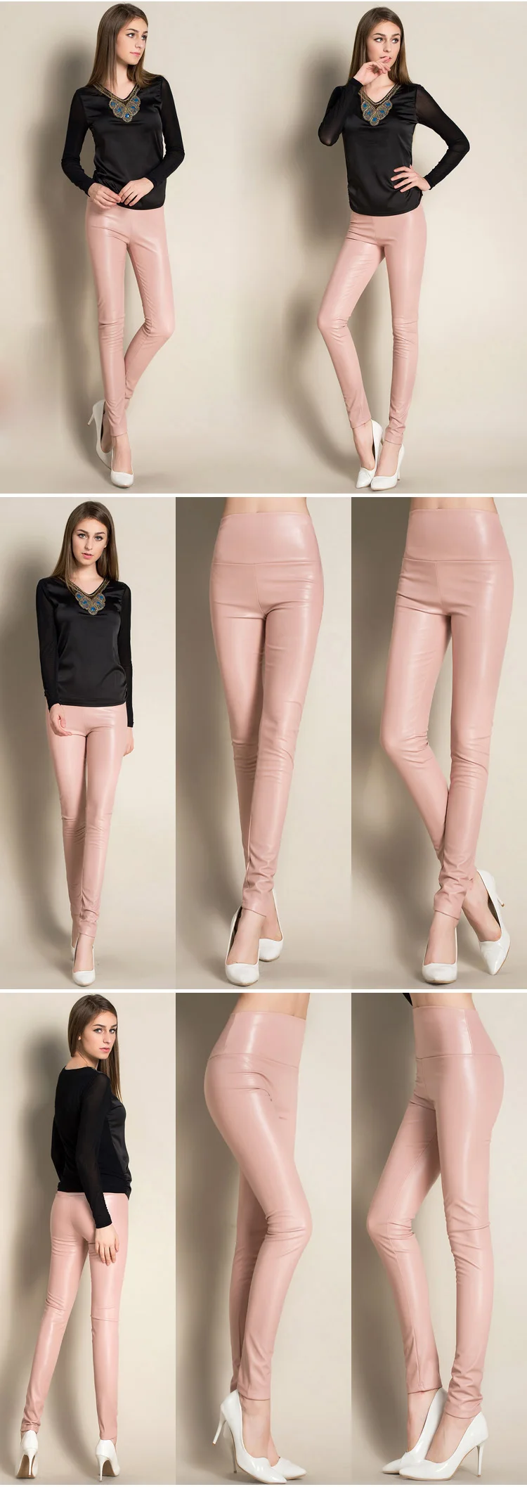 Autumn and winter large size with fleece PU color imitation leather leggings high waist tight leather trousers for women slim (17)