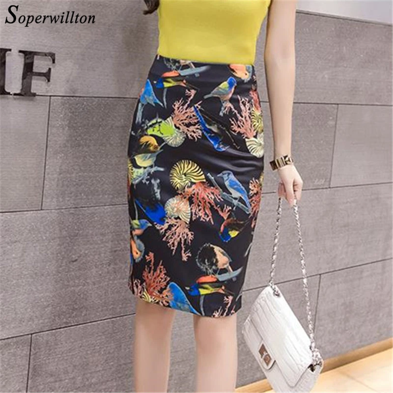 

Fashion Print Bandage Skirt 2019 High Waist Pencil Skirts Womens 9 pattern Office Wear Femme Midi Skirts Harajuku
