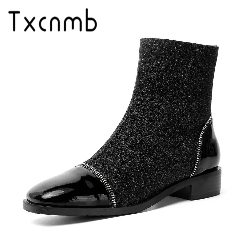 

TXCNMB Boots Women Autumn Winter Ankle Boots Genuine Leather Motorcycle Boots Fashion Slip-on Round Toe Shoes Woman