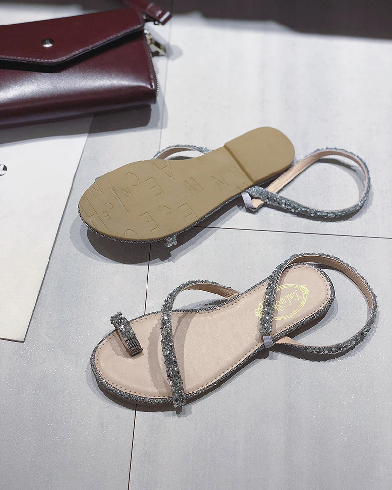 Сандалии-Вьетнамки больших размеров; летние женские Вьетнамки; Повседневная пляжная обувь на плоской подошве с кристаллами; женские сандалии в римском стиле на низком каблуке