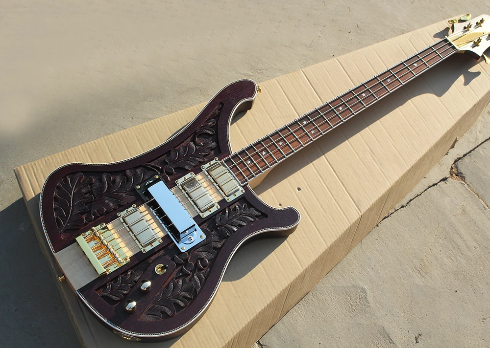 

Dark Brown Electric Bass Guitar with Engraving Pattern,4 Pickups,4 Strings,20 Frets,Gold Hardwares,offering customized services