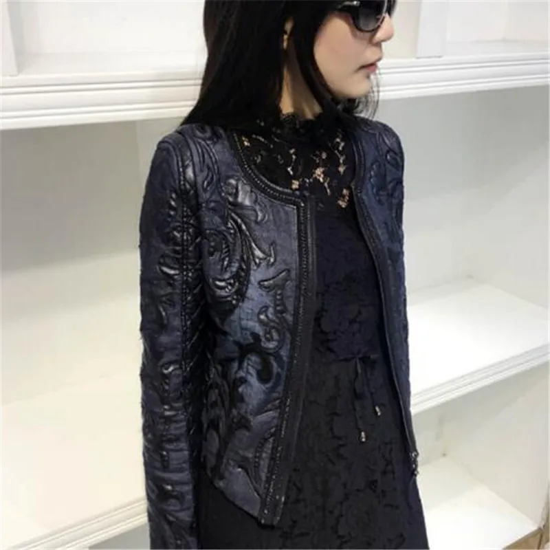 Super high quality 2018 spring autumn Denim basic Women jacket short round neck cowboy stitching PU washed leather Coat