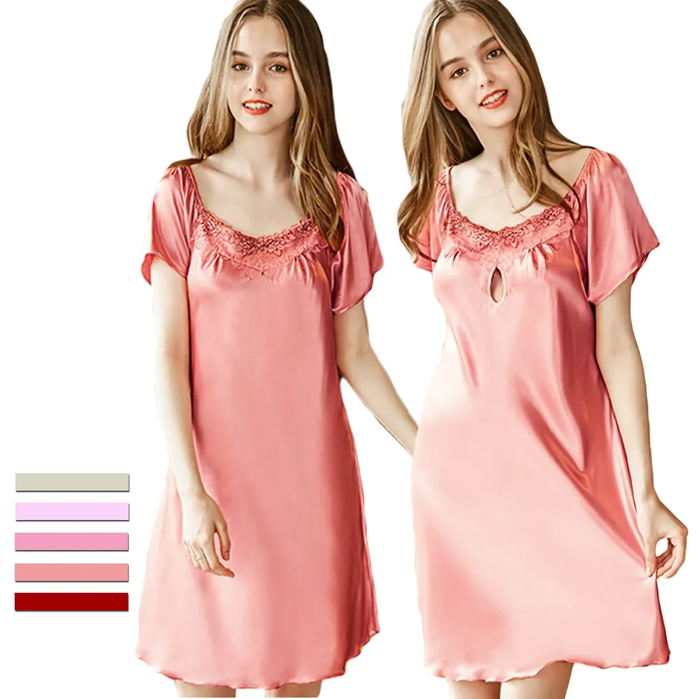 Unlimon Women Silk Nighties Satin Lace Hollow Nightgown Ladies Sexy Short Sleeve Nightdress M 