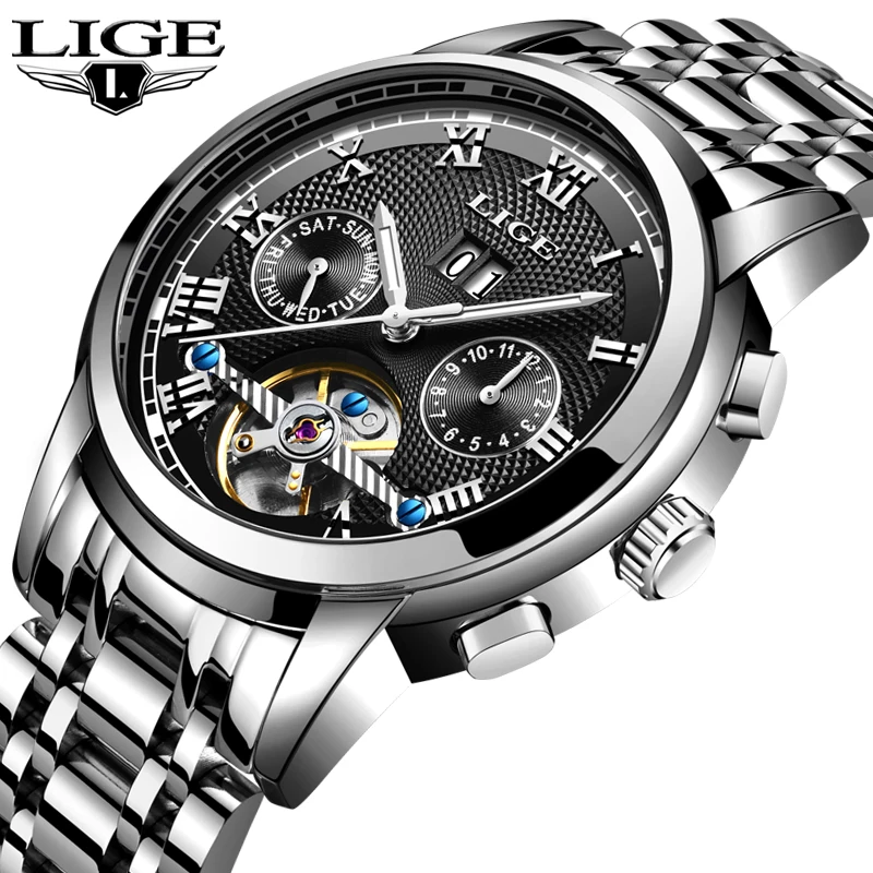 

LIGE Automatic Mechanical Mens Watches Top Brand Business Watches Mens Stainless Steel Sport Waterproof Watch Relogio Masculino