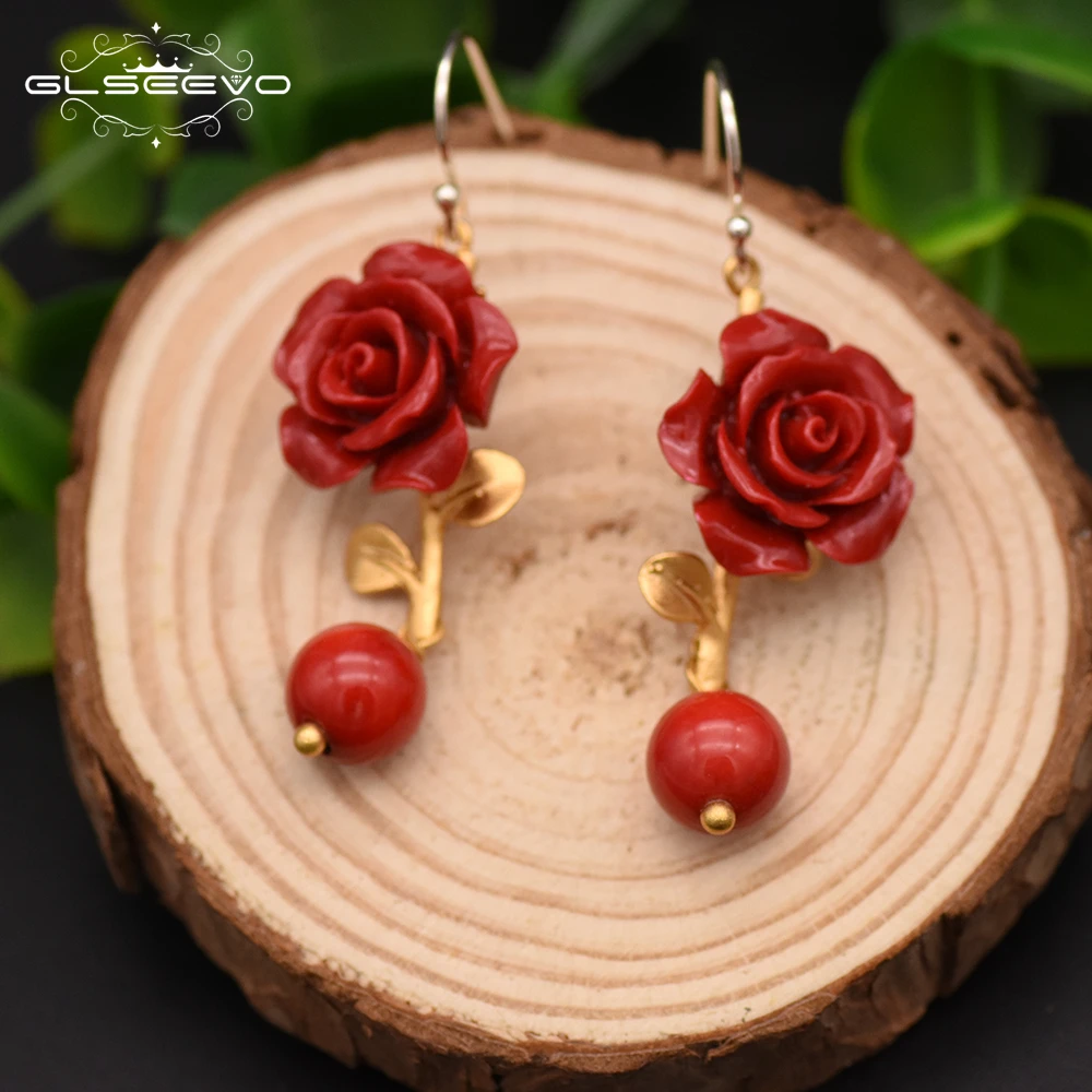 

GLSEEVO Natural Red Coral Flower Beautiful Dangle Earrings For Women Red Agate Drop Earring 925 Sterling Silver Jewellery GE0417