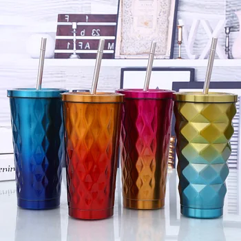 

Creative Coffee Mug With Straws Cup 500ml Double Layer Stainless Steel Thermos Cup Water Bottle Mugs Gradient Diamond Shape Mug