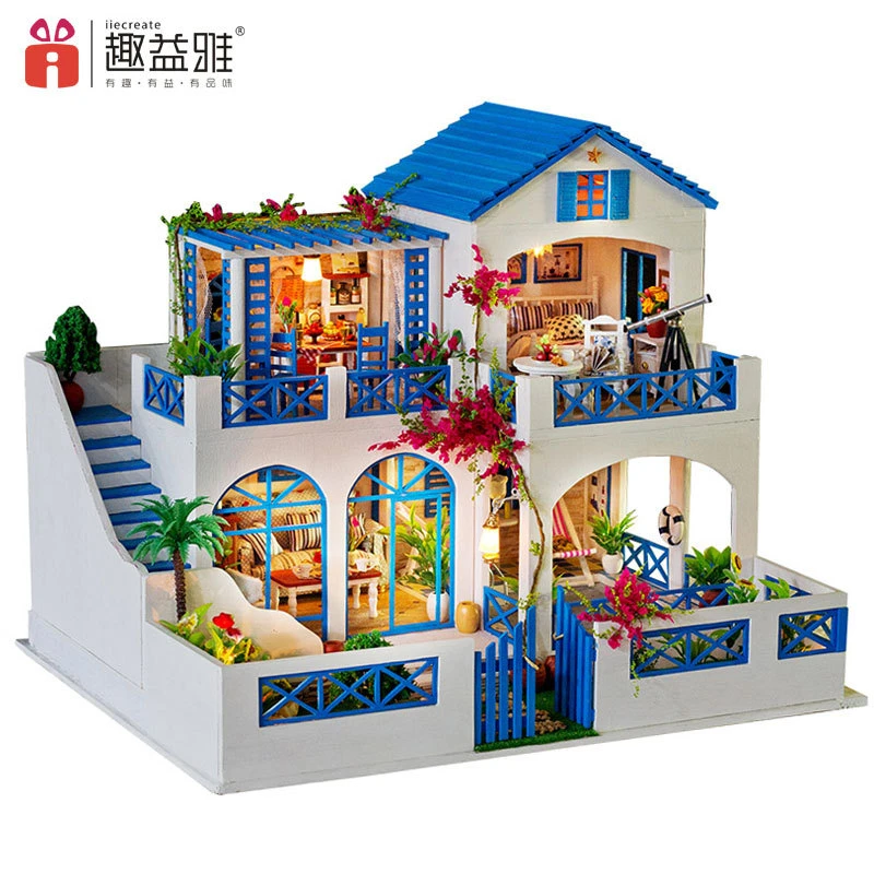 Iiecreate Diyブルーヴィラ木製ドールハウス家具玩具模型ドールハウス子供キッズ男の子女の子誕生日ギフト Model Doll Houses Wooden Doll Housedoll House Furniture Aliexpress