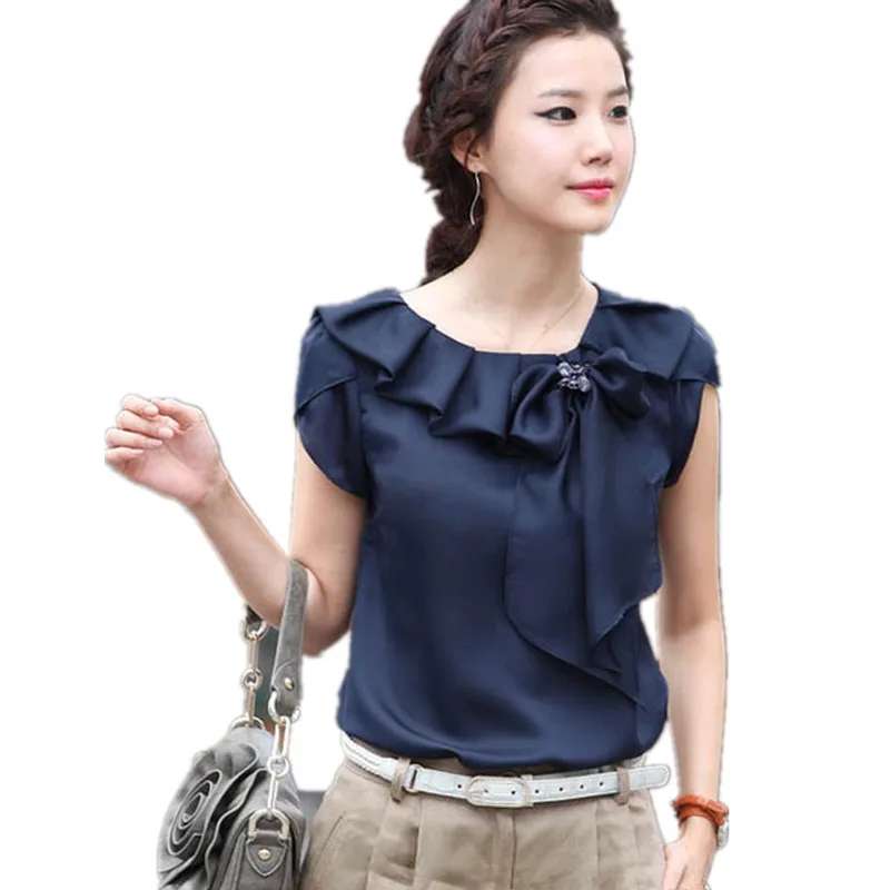 

Plus Size Elegant Ruffles Bow O-Neck Women's Chiffon Blouse Office Summer Women's Shirt Short Sleeve Chiffon Top Female Blouse