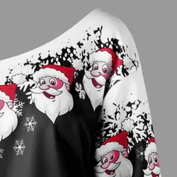 Для женщин косым воротником Санта Клаус Снежинка пуловер, свитшот с принтом и длинными рукавами; сезон осень топы MSJ99