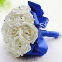 Elegant Rose Artificial Bridal Flowers Bride Bouquet Wedding Bouquet Crystal Royal Blue Silk Ribbon 2015 New Buque De Noiva