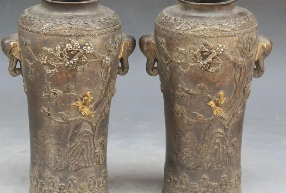 

Chinese Dynasty Palace Bronze Silver Gilt Elephant Flower Bird Vase Statue Pair