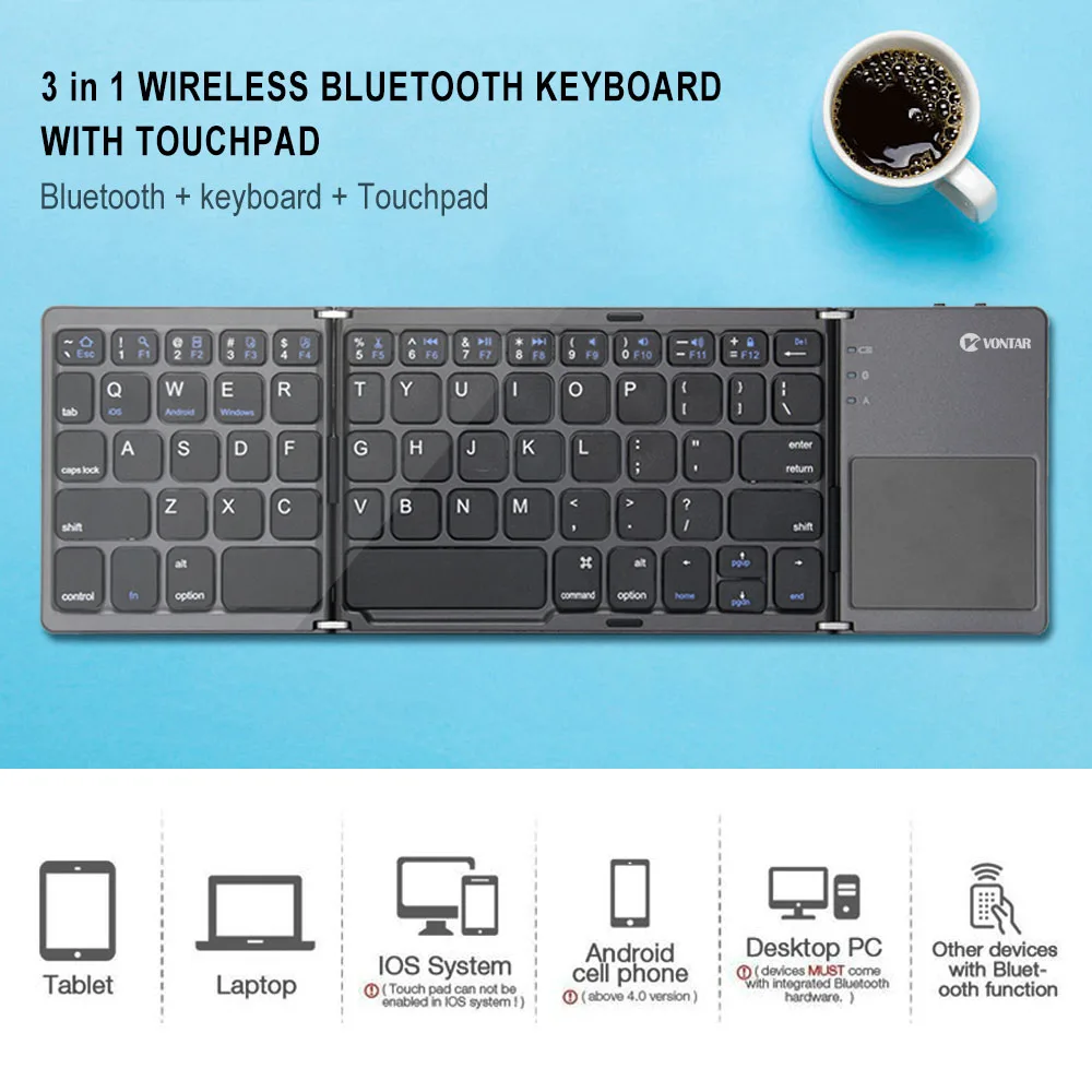 Bluetooth sem Fio Russo para Ios Portátil Dobrável Teclado Recarregável Touchpad Inglês Android Windows Ipad Tablet - Imagem 2