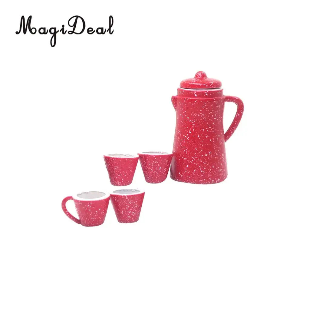 5Pcs/Set 1:12 Dollhouse Miniature Red Porcelain Pot Kettle Cups Coffee Tea Milk Set Restaurant Kitchen Tabel Decor Model Toy