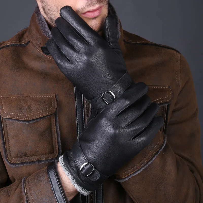New Fashion Genuine Leather Gloves Men Winter Deerskin Buckles Bur Warm