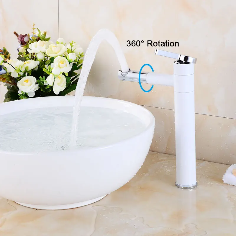 Смеситель для ванной комнаты с поворотным носиком на 360 °, белый кран для раковины на бортике, смеситель для раковины