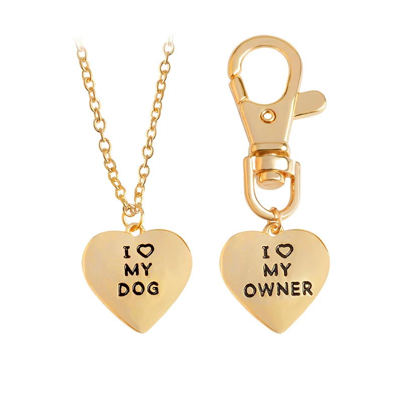 

2pcs/set Love shape "I LOVE MY DOG,I LOVE MY OWNER" Heart Charm Necklace And Collar Dog-Human Jewelry Dog Gifts