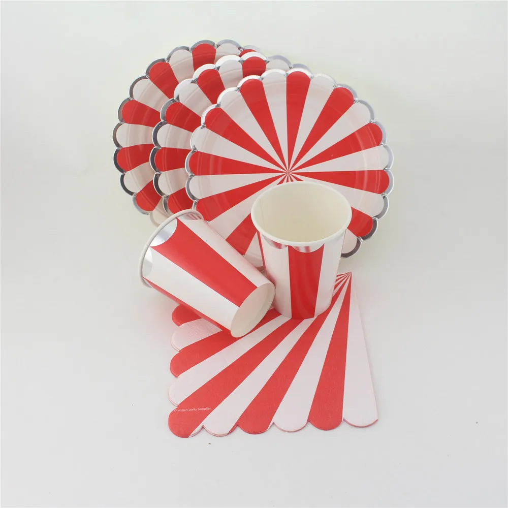 36pcs/lot Red Striped Disposable Tableware Wedding Birthday Party Paper