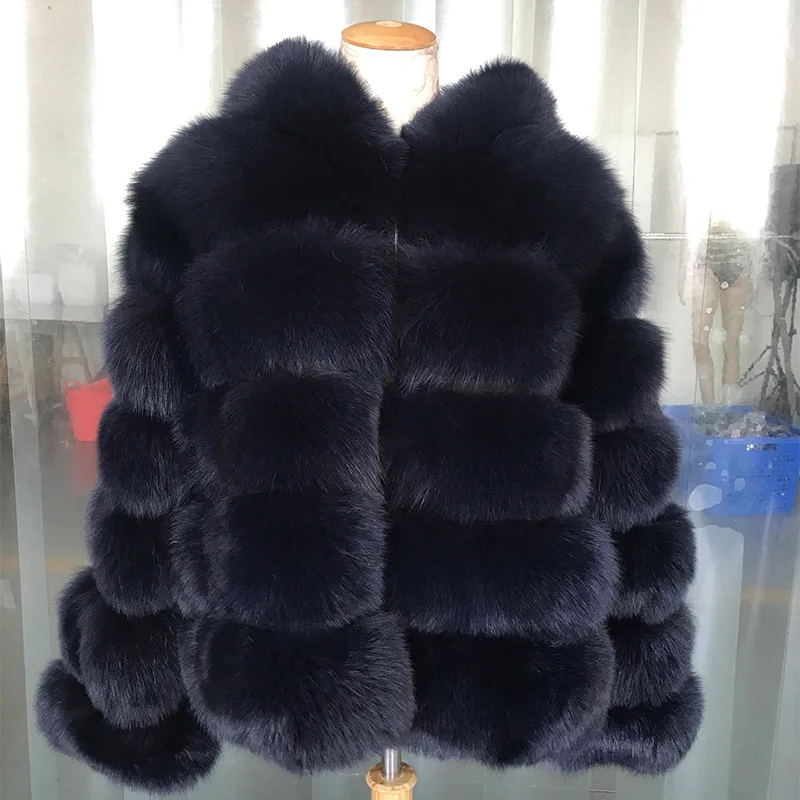 Куртка с натуральным лисьим мехом, полностью из кожи, с меховым капюшоном, высокое качество, толстая, теплая, Befree, на заказ, зимняя женская парка с натуральным мехом - Цвет: Navy Blue