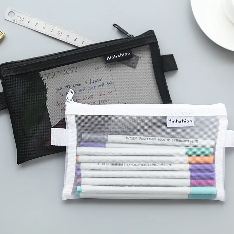 

New Multi-color Simple Transparent Grid Office Student Pencil Box Nylon