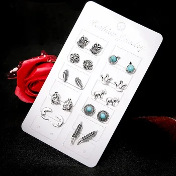 

120 Pairs/lot Antique Silver Color Earrings Set Crystal Moon Crown Elephant Owl Animal Leaf Feather Stud Earring Women Jewelry