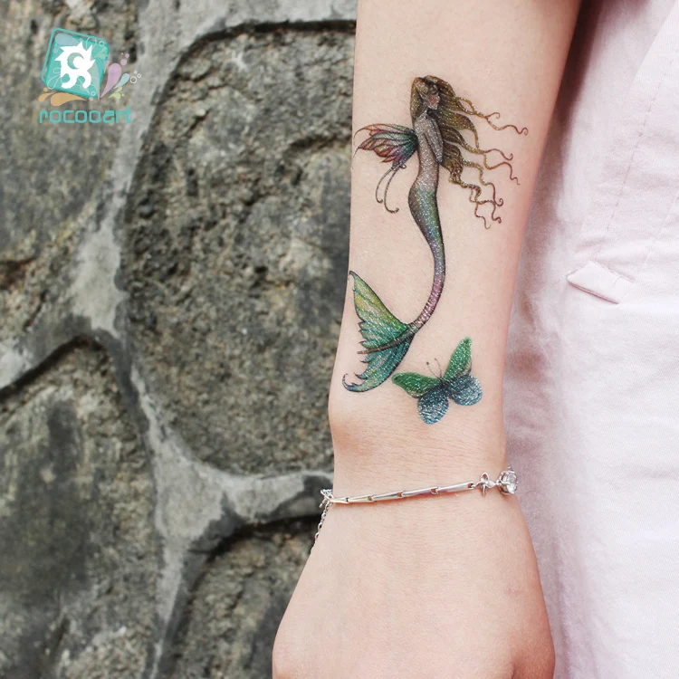 Rocooart وشم لامع الطاووس الحصان المؤقتة الوشم ملصق المرأة Tatouage Temporaire الجسم الفن حورية البحر فلاش Taty وهمية الوشم