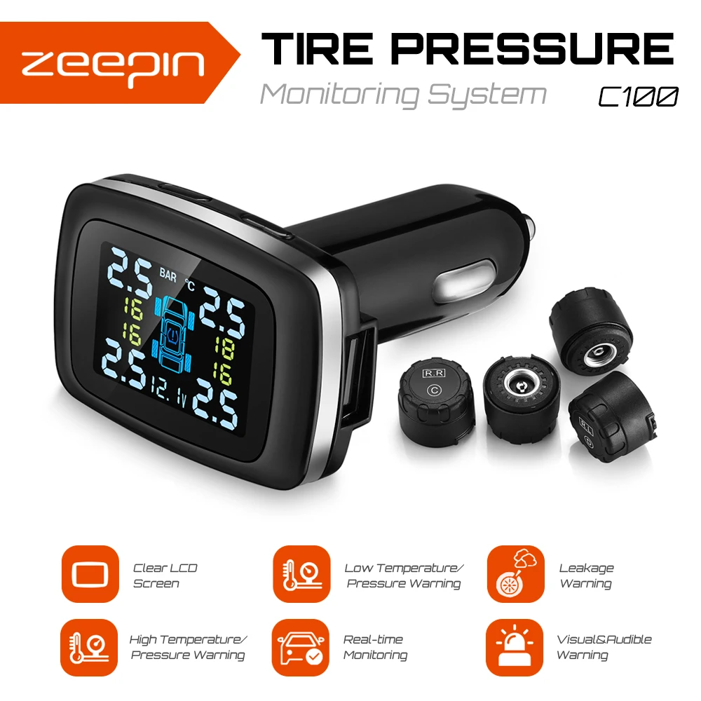 C100 Cigarette Lighter Plug TPMS LCD Screen USB Charging Tire Pressure Monitoring System With 4 External Tyre Pressure Sensors