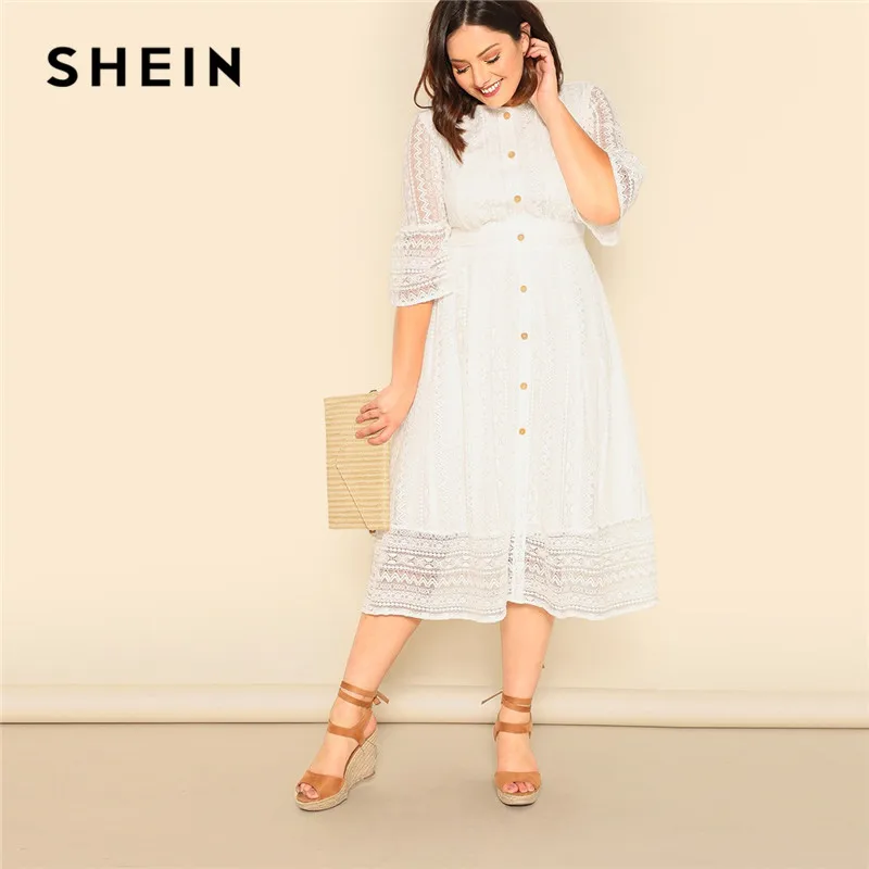 

SHEIN Plus Size Lady Romantic Button Front Lace Overlay Maxi Dress Spring Elegant High Waist Half Sleeve A Line Long Dress