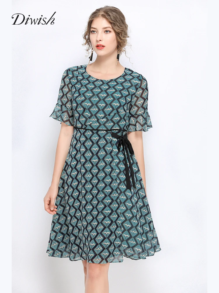 

Diwish Women Plus Size Chiffon Dress 2019 Summer Elegant Sweet Bow Printed O-Neck A-Line Knee-Length Vintage Short Dress