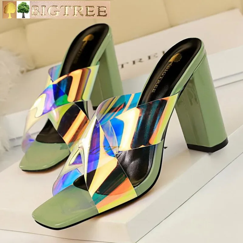 

Slippers Women Shoes Sexy Summer green Patent leather Thick heel Square head Hollow Reflective Cross belt Open Toe woman shoes