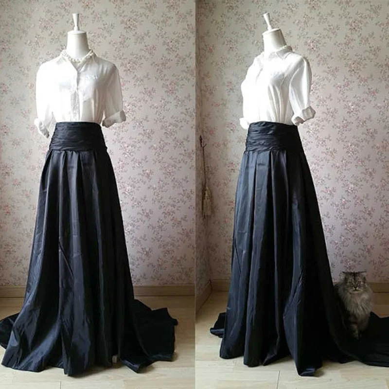 

Real Photo Black Long Taffeta Skirts for Women High Waist Floor Length Pleated Maxi Skirt Saias Longa 2017 Femininas Formal Jupe