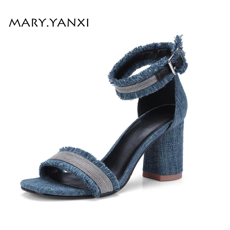 

Summer Women Sandals Denim String Bead Genuine Leather Sole Shoes Fashion Casual Solid Big Size Buckle Strap Square High Heels