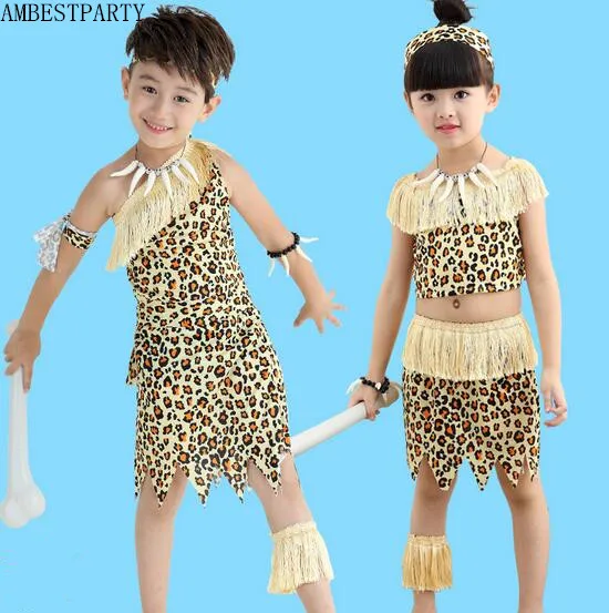 

Cospiay Halloween native costume Indian leopard print Savages Adult Kids dress Family fitted performance Clothing AMBESTPARTY