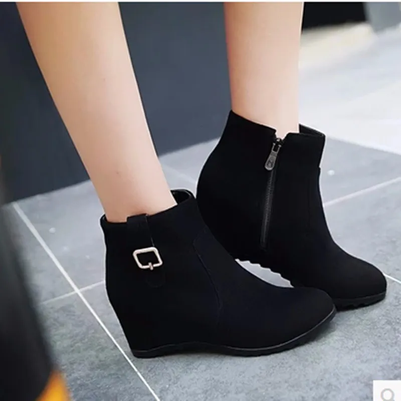 

Women's Wedges Height Increasing Big Accurate size 34-43 Ankle Short Boots Ladies Zip Shoes Round toe Winter Add Fur Warm Botas