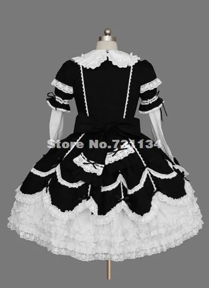 Недорогое красивое черно-белое хлопковое платье с оборками с длинными рукавами и кружевным бантом, многослойное готическое платье лолиты