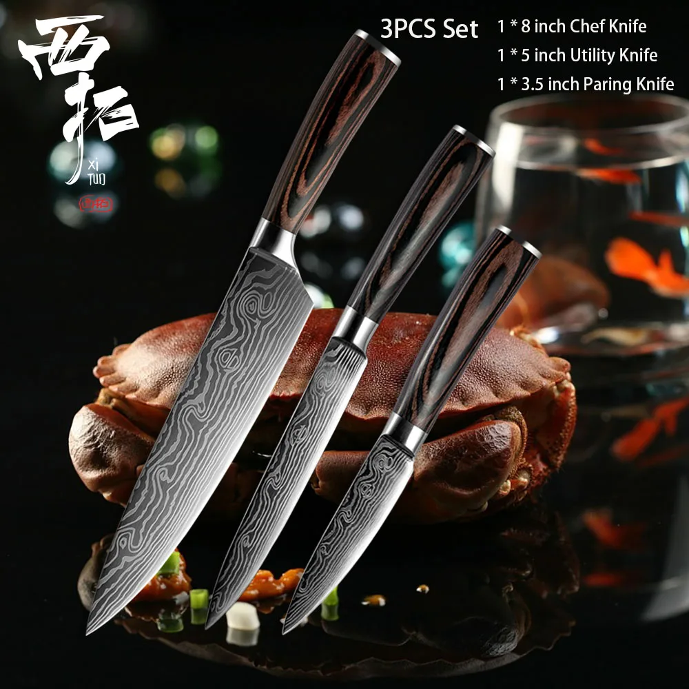XITUO кухонный нож шеф-повара для резки хлеба овощей филе мяса santoku острый лазерный дамасский узор деревянная ручка инструмент для приготовления пищи - Цвет: 3PCS-A