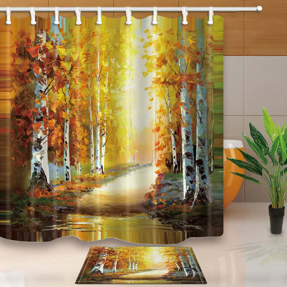 

Painting Shower Curtains Fall Forest Path Bathroom Curtains Waterproof and Mildew Proof High Quality With 12 Plastic Hooks