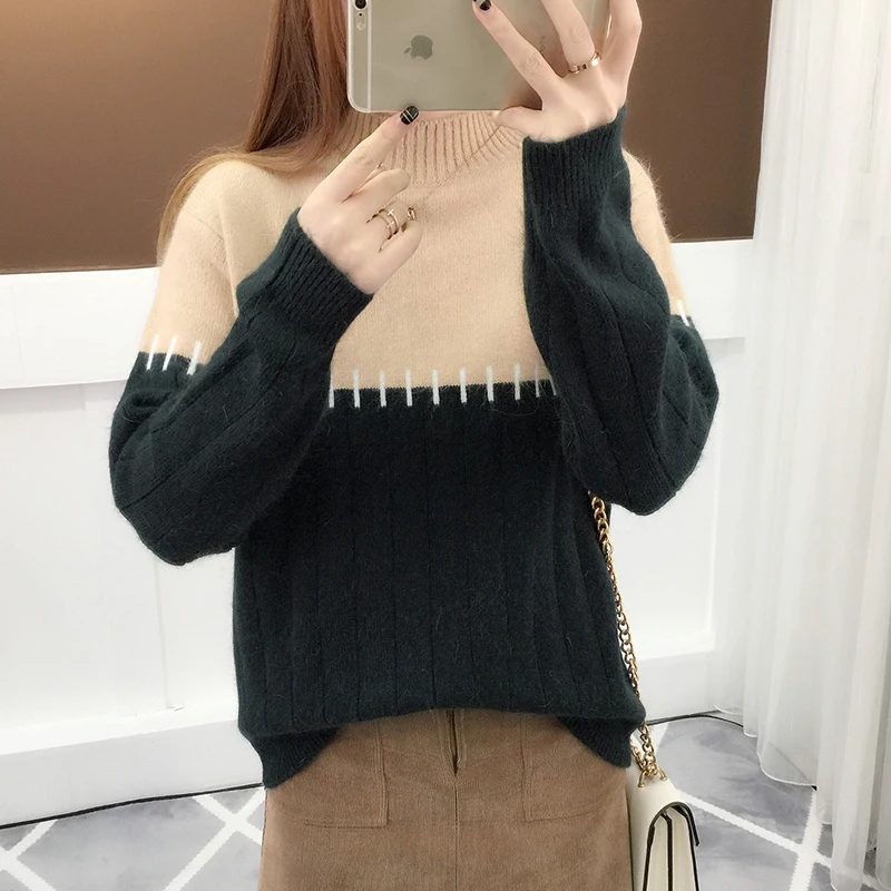 Fashion 2018 Autumn Winter Women Cashmere Sweaters And Pullovers Patchwork Thick Knitting Sweater Female Loose Sweater Jumpers Sweaters