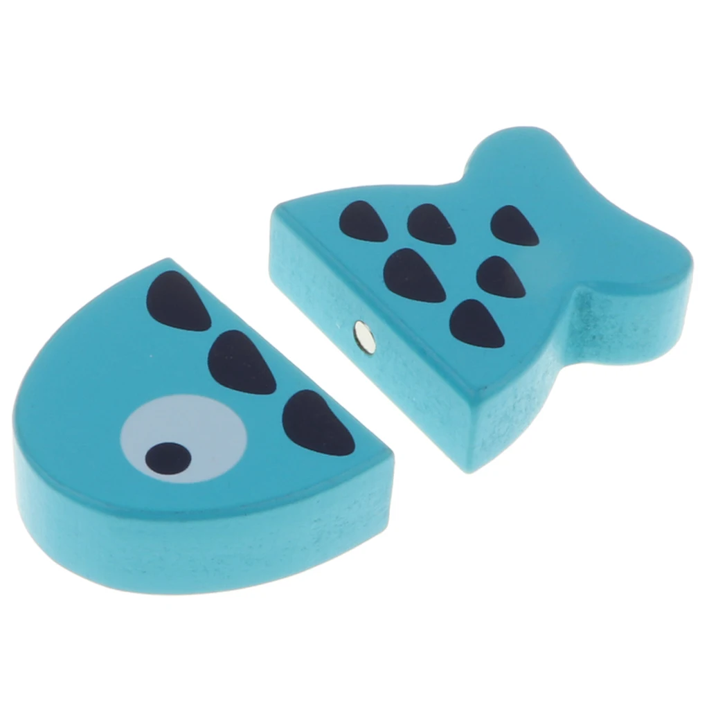 MagiDeal Magnetic Connected Blue Fish Wooden Cutting Food Play Toy Kitchen Pretend Play Set Educational Toy