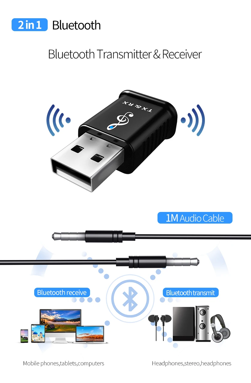 2 в 1 Bluetooth 5,0 в аудио приемник передатчик USB Bluetooth адаптер Мини 3,5 мм AUX стерео для автомобиля ТВ ПК