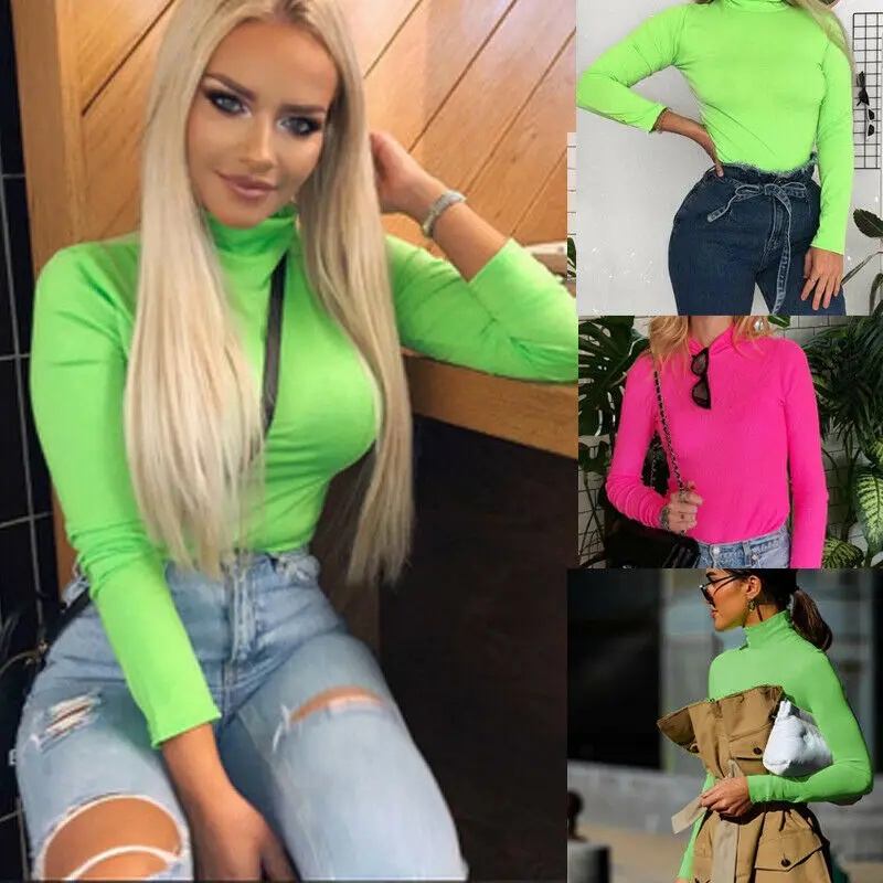 

Casual Ladies Women High Turtle Neck Fluorescent Stretch Long Sleeve Leotard Top Jump