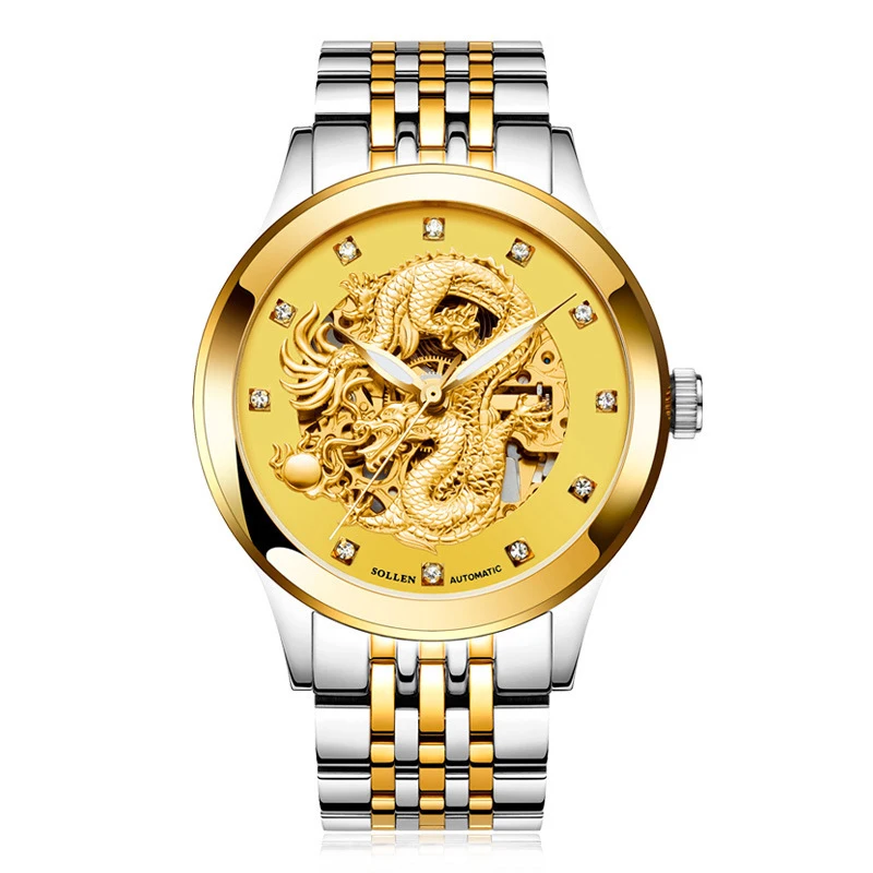 

SOLLEN SL602 watches men luxury brand skeleton automatic mechanical chinese dragon emperor king Suborder ornithopoda Marsh