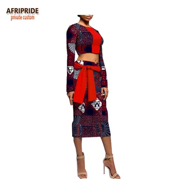 

2018 summer casual skirt set for women AFRIPRIDE full sleeve short top+mid-calf length pencil skirt with bow decoration A1826008
